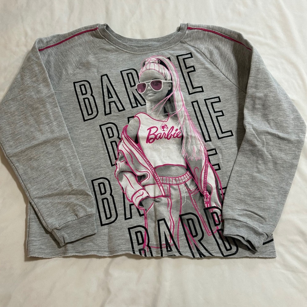 Barbie Girls XL 14-16 Gray Graphic Sweatshirt Pink Piping Raw Hem Mattel 2023